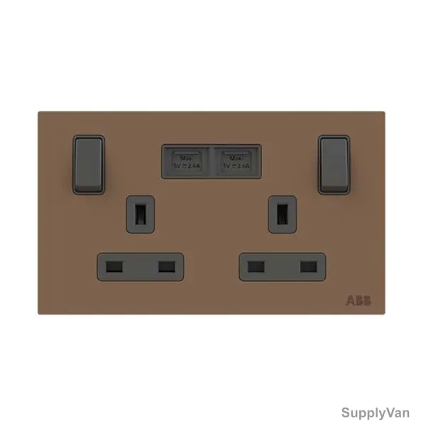 ABB Single Pole Switched Socket With USB Charger, AM235147-MO, Millenium, 2 Gang, 13A, Mocha Brown