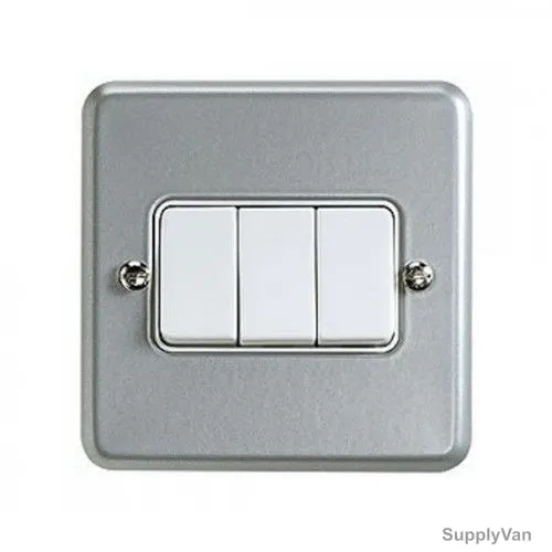 Mk Single Pole Electrical Plate Switch, K3593ALM, Metalclad Plus, IP2X, 3 Gang, 2 Way, 10A, Aluminium
