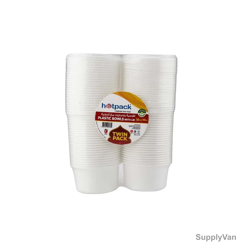 Hotpack Disposable Bowl With Lid Twin Pack, PPH400CX2, Plastic, 400ML, White, 50 Pcs/Pack