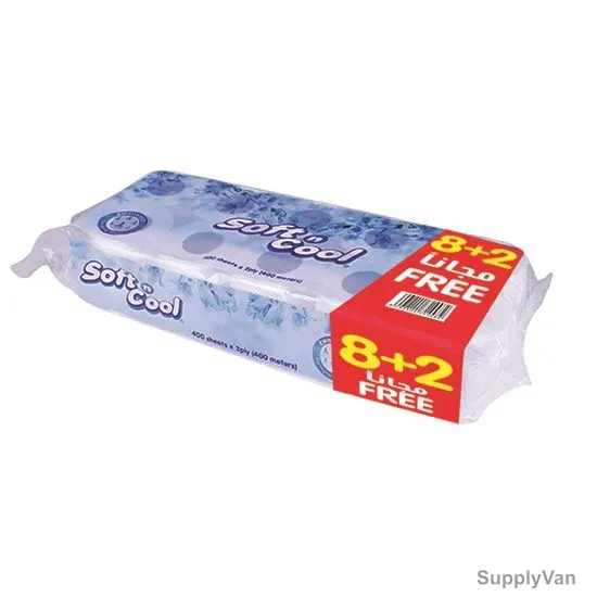 Hotpack Soft N Cool Toilet Sheet Roll, SNCTR400OP, 2 Ply, 400 Sheets, 8+2 Free