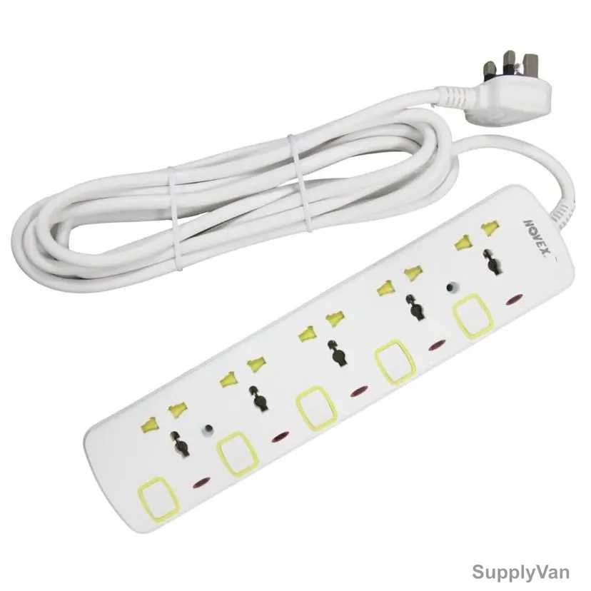 Novex Extension Socket, N-D105-5M, Polycarbonate, 3250W, 5 Outlets, 13A, 5 Mtrs Cable Length, White