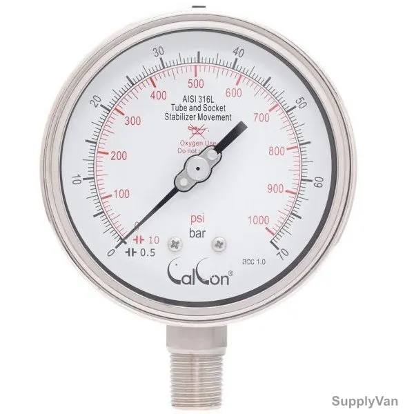 Calcon Oxygen Pressure Gauge, CC1851A, 100MM, 1/2 Inch, NPT, 0-1000 Psi